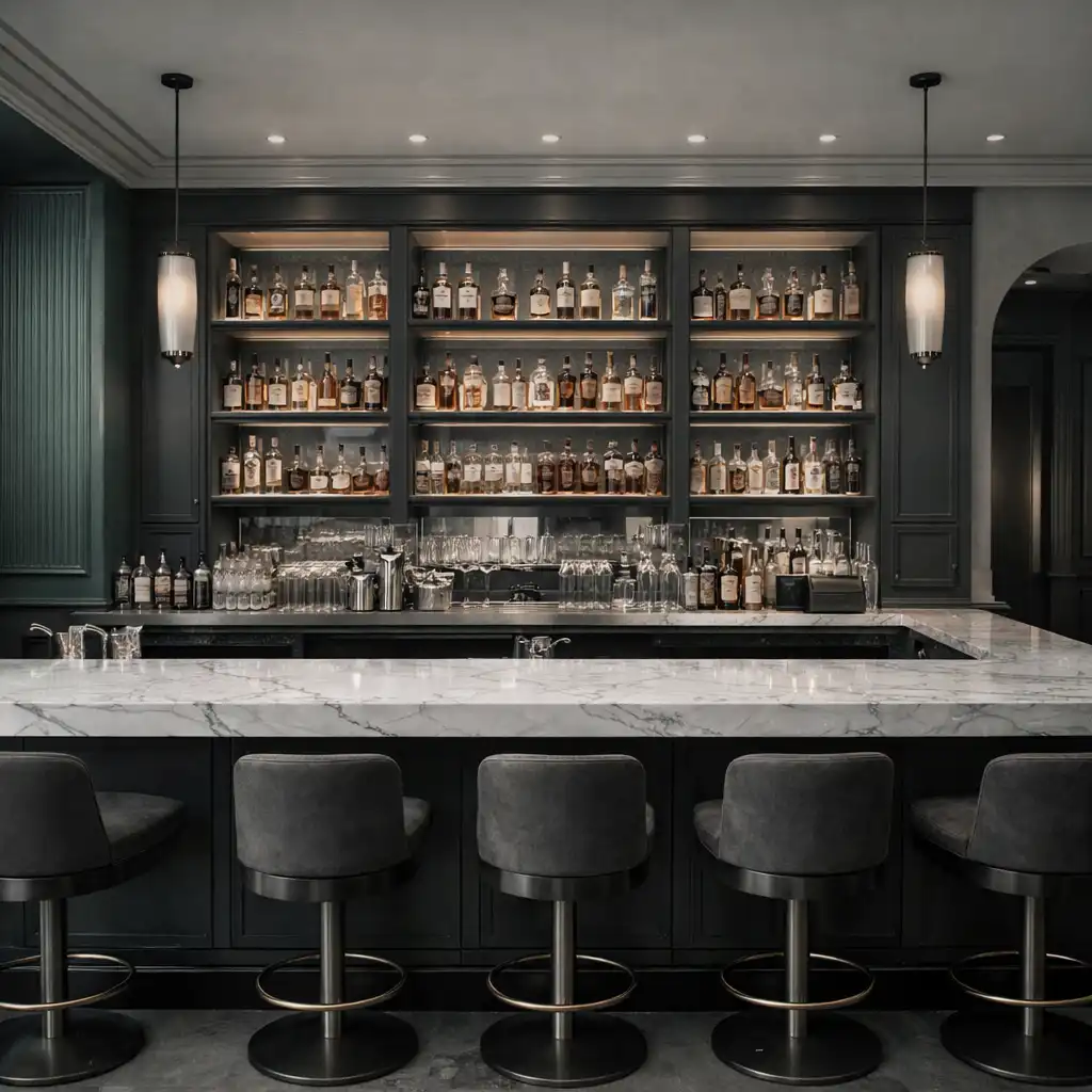 Sophisticated bar area with marble countertop and backlit shelves displaying premium spirits
