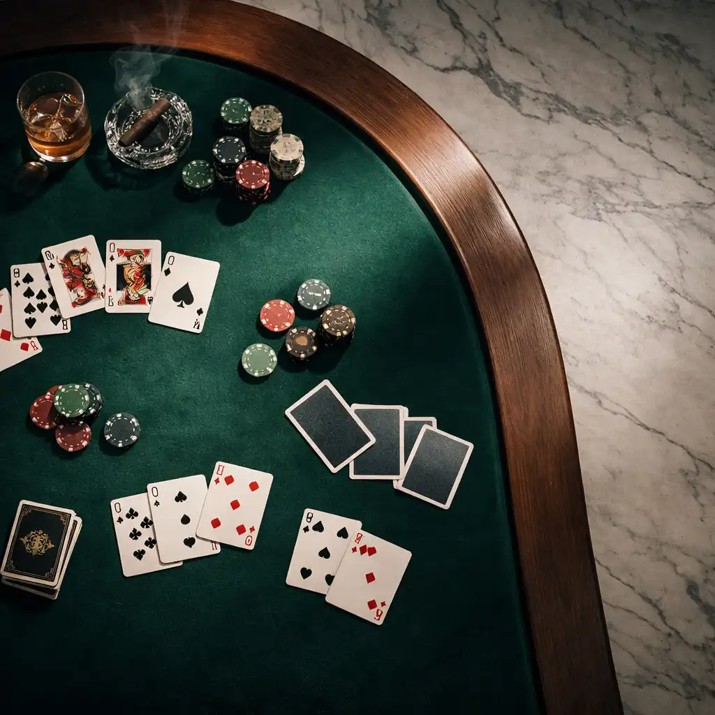 Overhead view of a luxurious poker table with emerald felt, playing cards, and custom chips in the Marble & Ace card room