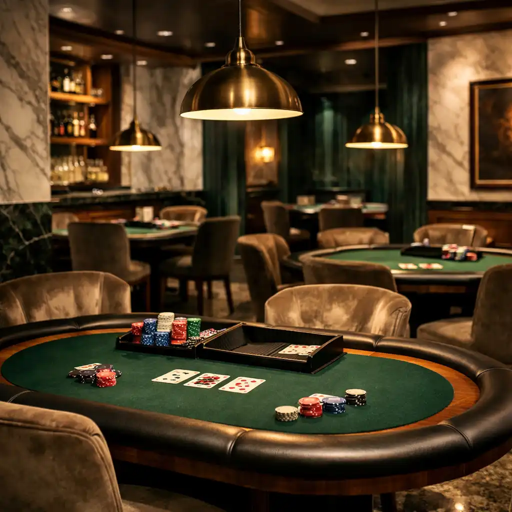 Interior of the Marble & Ace card room with marble walls, poker tables and warm pendant lighting