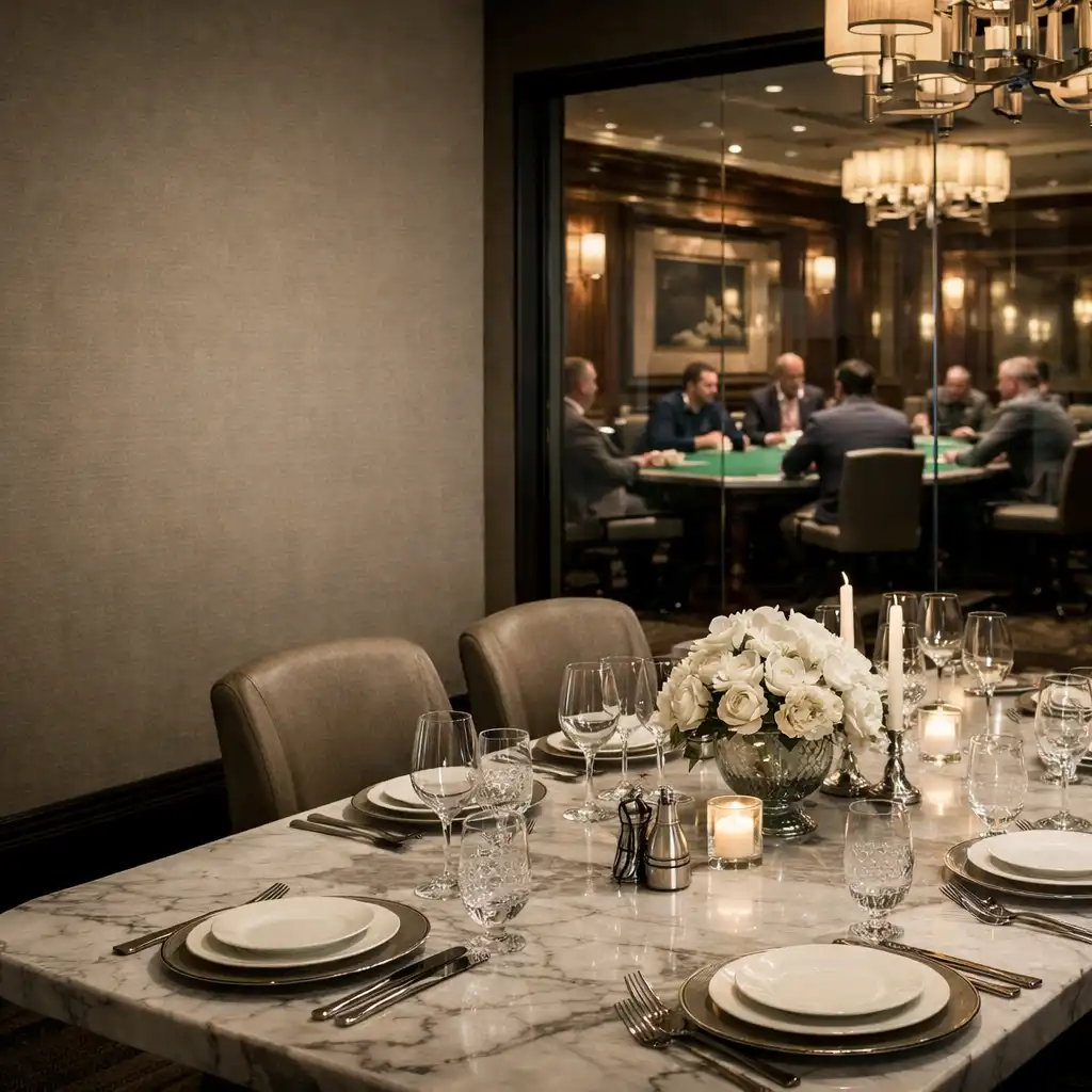Elegant private dining room with a marble table set with fine china and crystal
