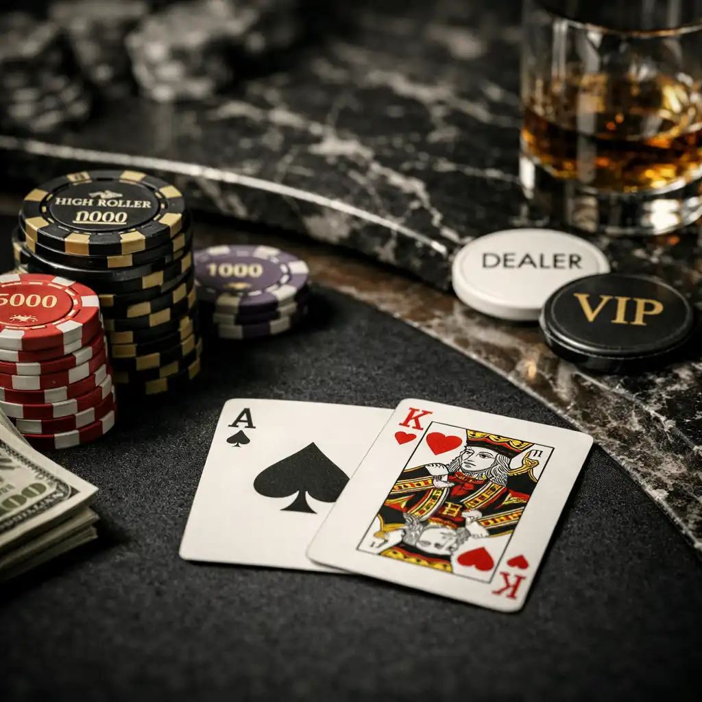 Close-up of a high roller poker table with custom chips and cards on premium felt