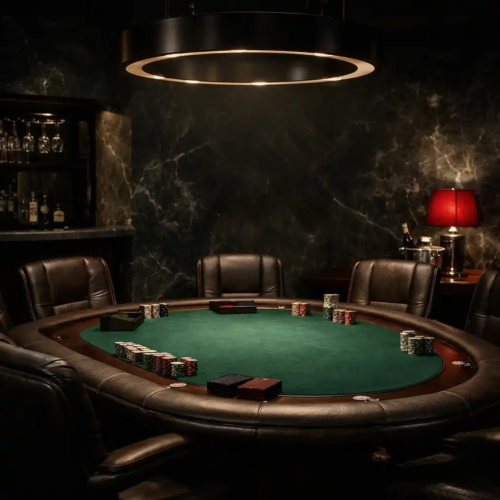 Dark, intimate high roller salon with a custom poker table and leather chairs
