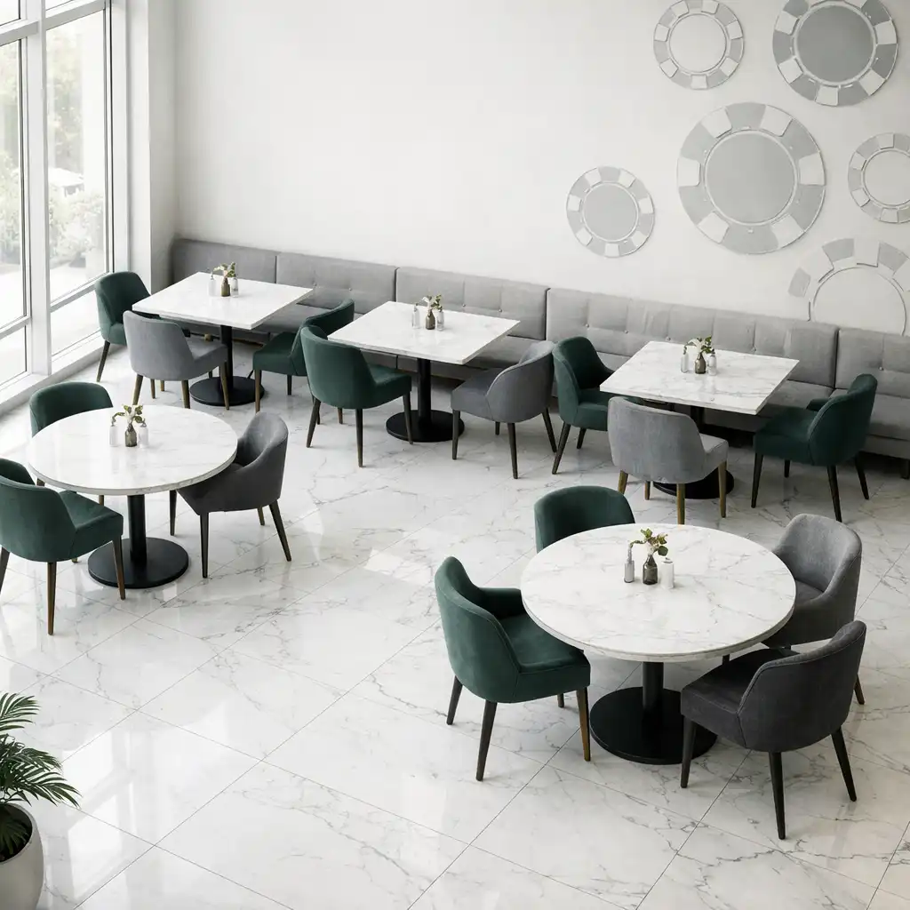 Bright, airy restaurant interior with white marble tables and muted emerald accents