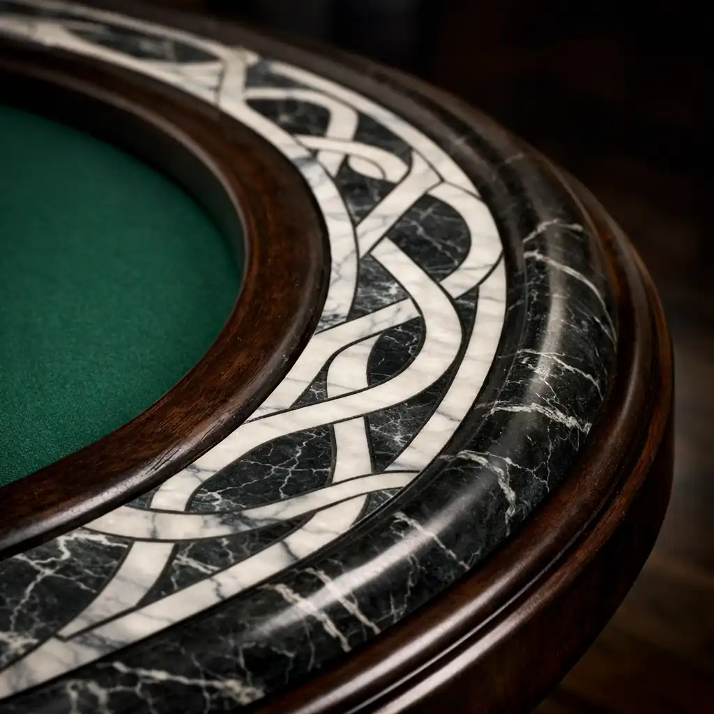 Close-up of a poker table rail featuring custom marble inlay with white and grey veining against deep green felt
