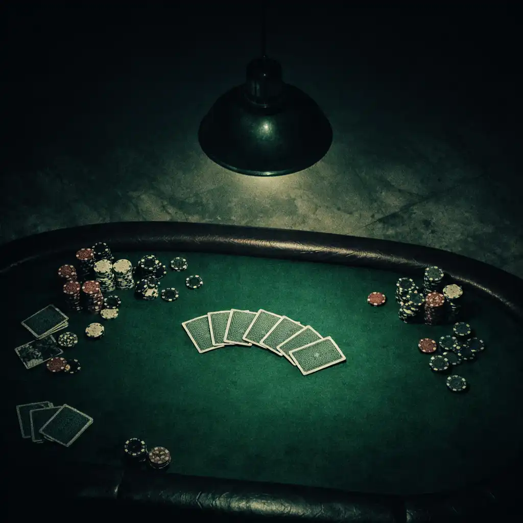 Overhead view of a poker table with cards and chips under a pendant light