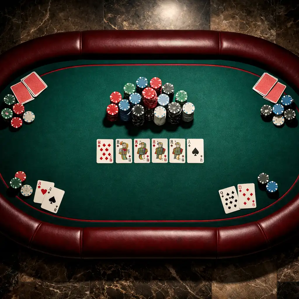 Overhead view of a professional poker table with chips and cards in a moody card room