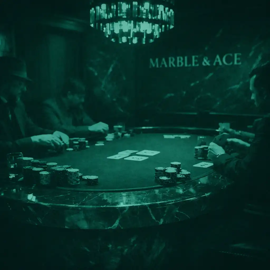 Intimate view of the Marble & Ace card room with a poker table, marble base, emerald felt, and warm chandelier lighting