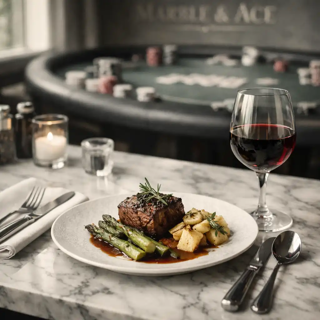 Beautifully set dining table at Marble & Ace with marble tabletop, elegant cutlery, and a glass of red wine, with a poker table softly blurred in the background