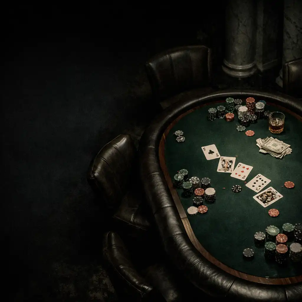 Overhead view of a poker table in a dimly lit card room with green felt, playing cards, and stacks of poker chips
