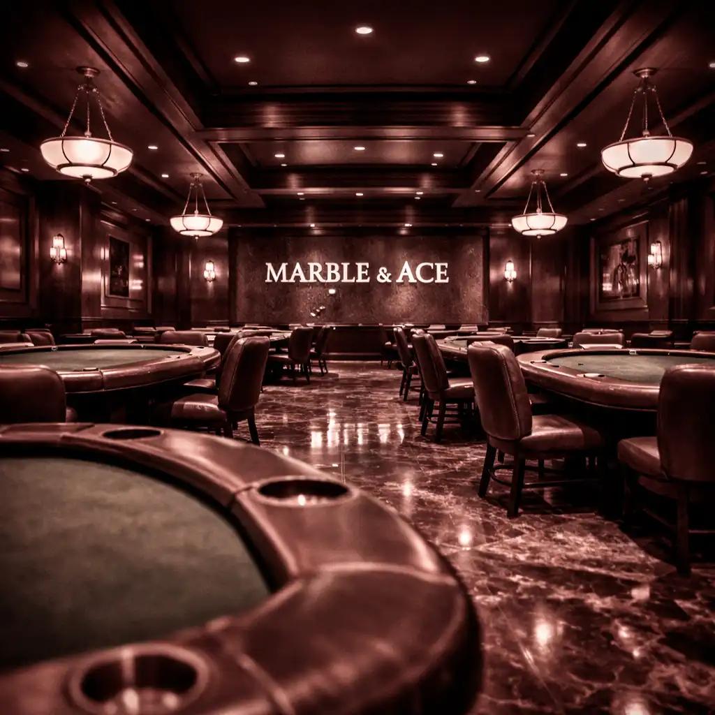 Wide view of the main poker room with marble floors and custom tables