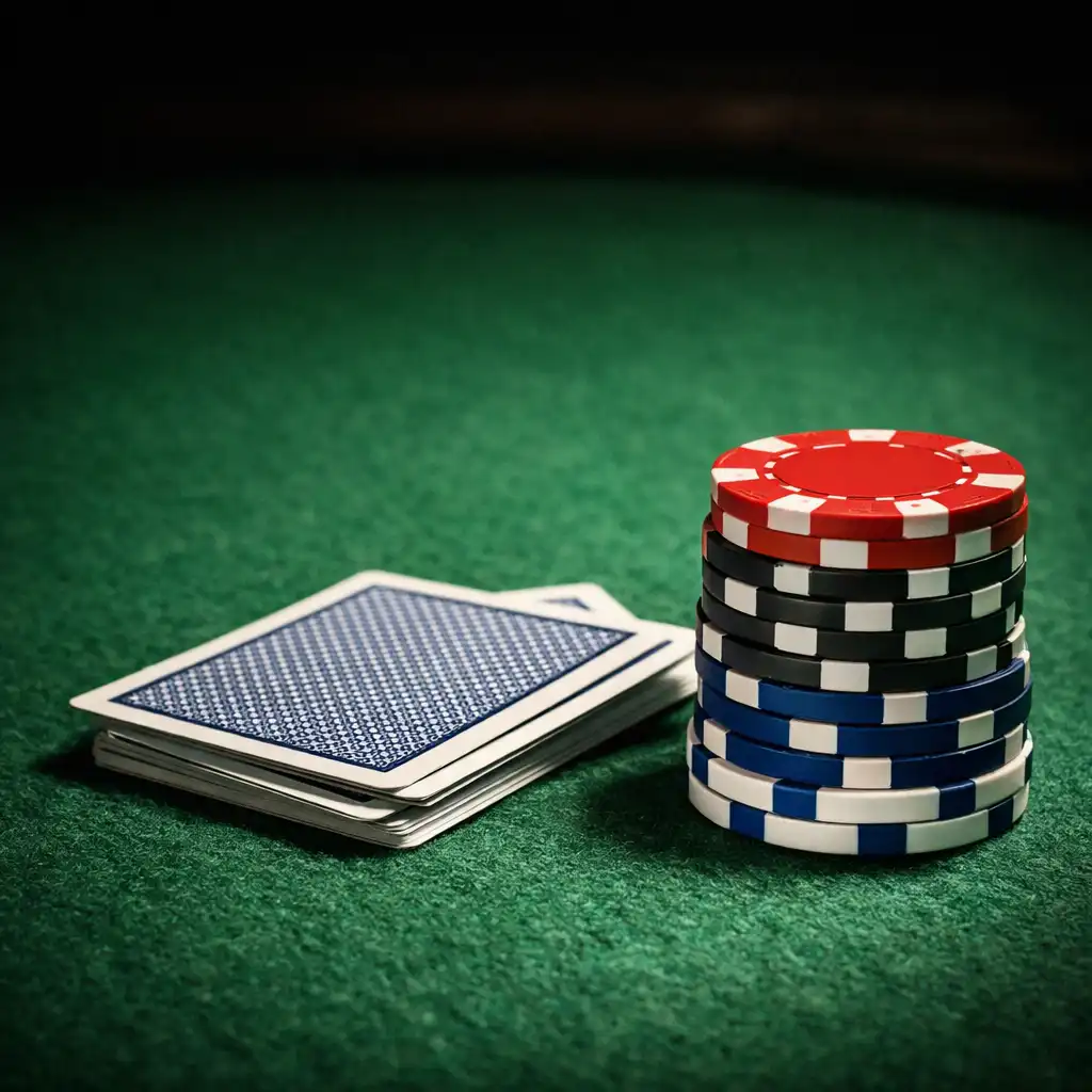 Close-up of a poker table surface showing green felt and a stack of poker chips