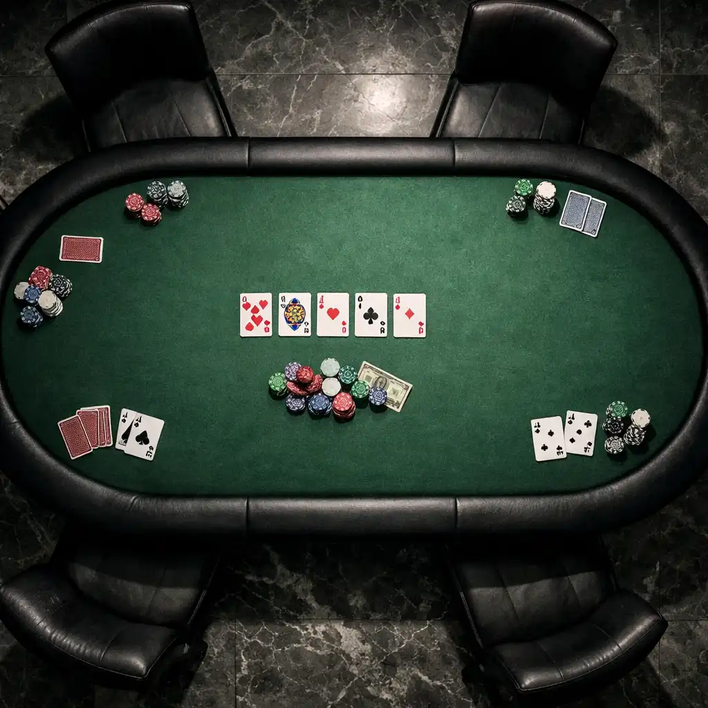 Overhead view of a professional poker table with chips and cards in a dimly lit, luxurious room