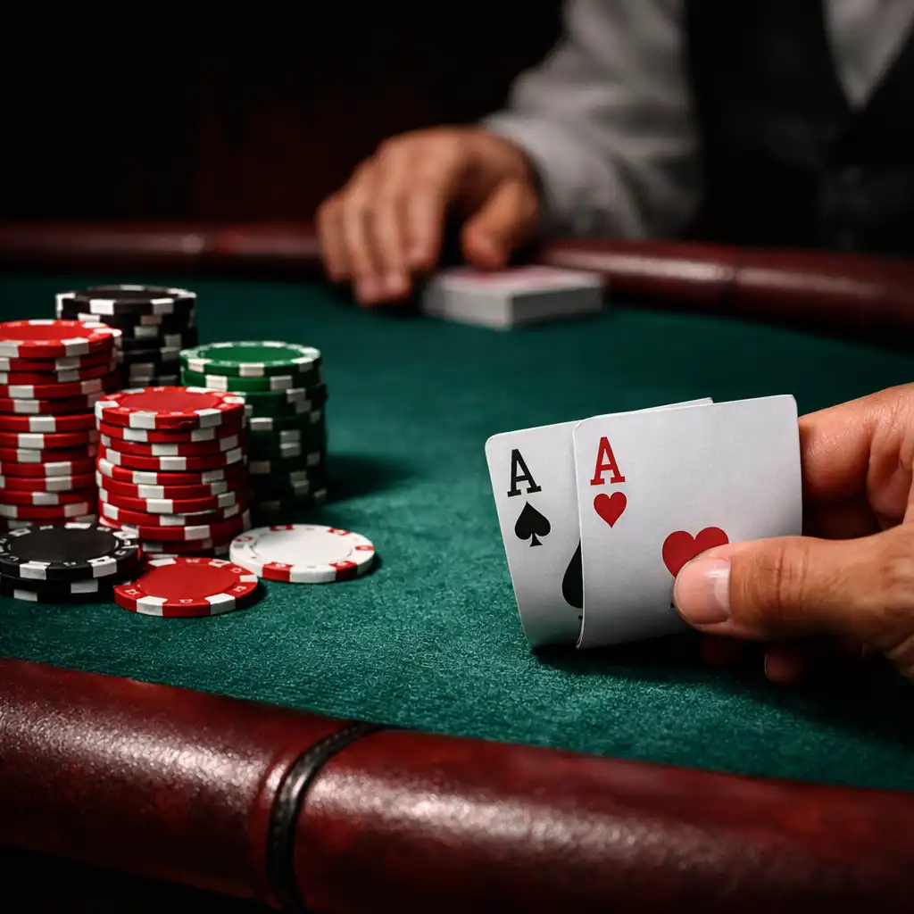 Close-up of a poker table edge with a player's hand holding cards and neatly stacked chips