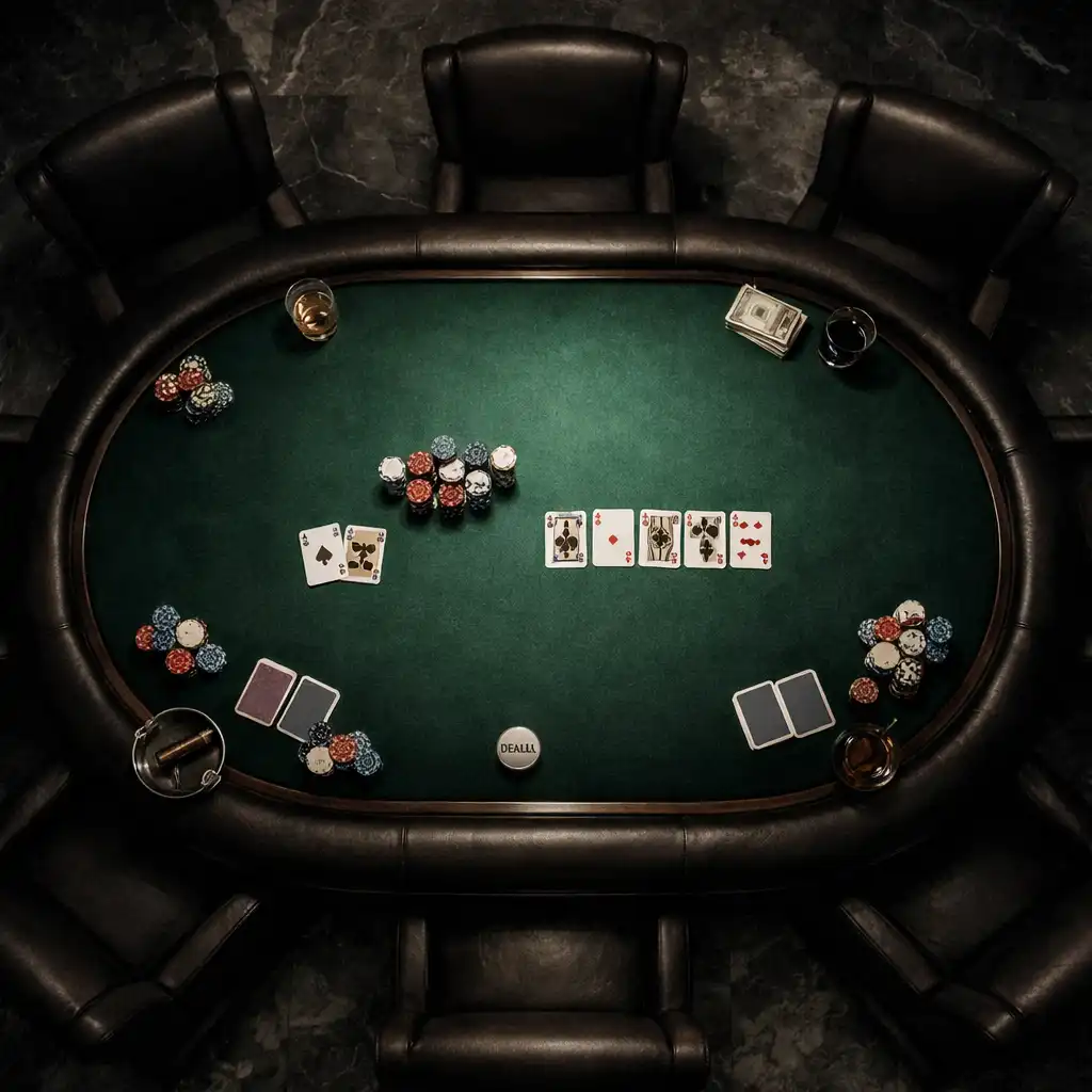 Overhead view of a luxurious poker table with deep green felt and high-back leather chairs in a dimly lit marble-accented room