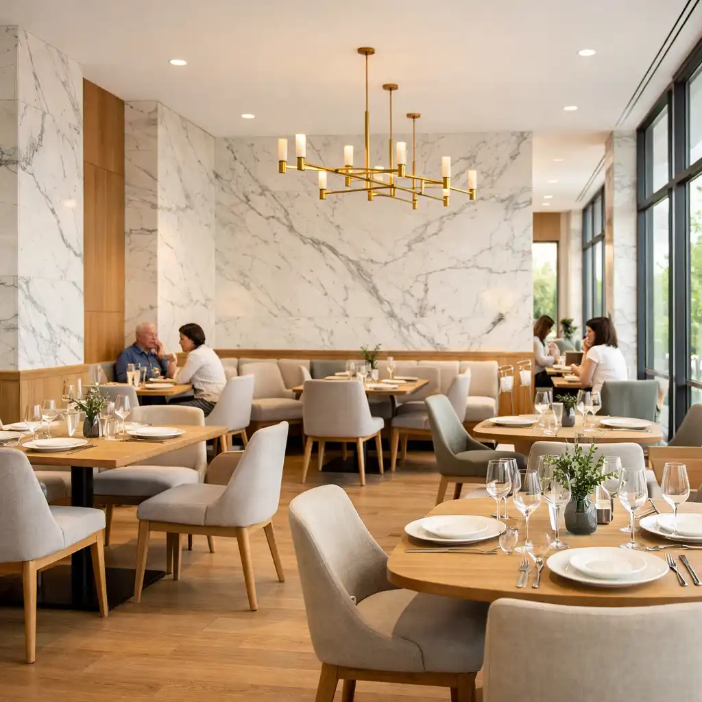 Bright modern restaurant interior at Marble & Ace with marble tables and architectural stone details