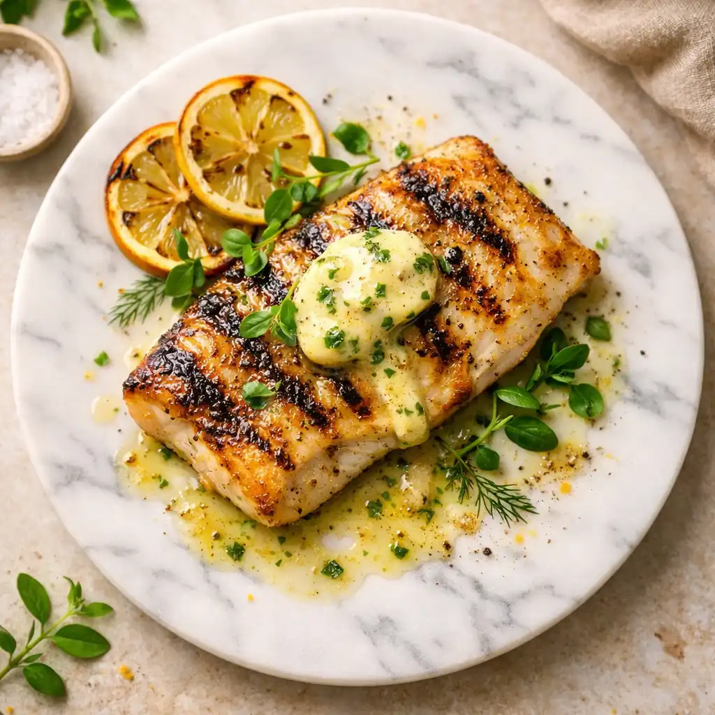 Grilled barramundi with lemon myrtle butter on a white marble plate