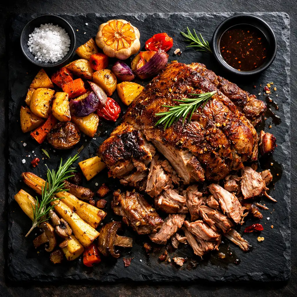 Slow-cooked lamb shoulder with roasted vegetables on a dark slate board