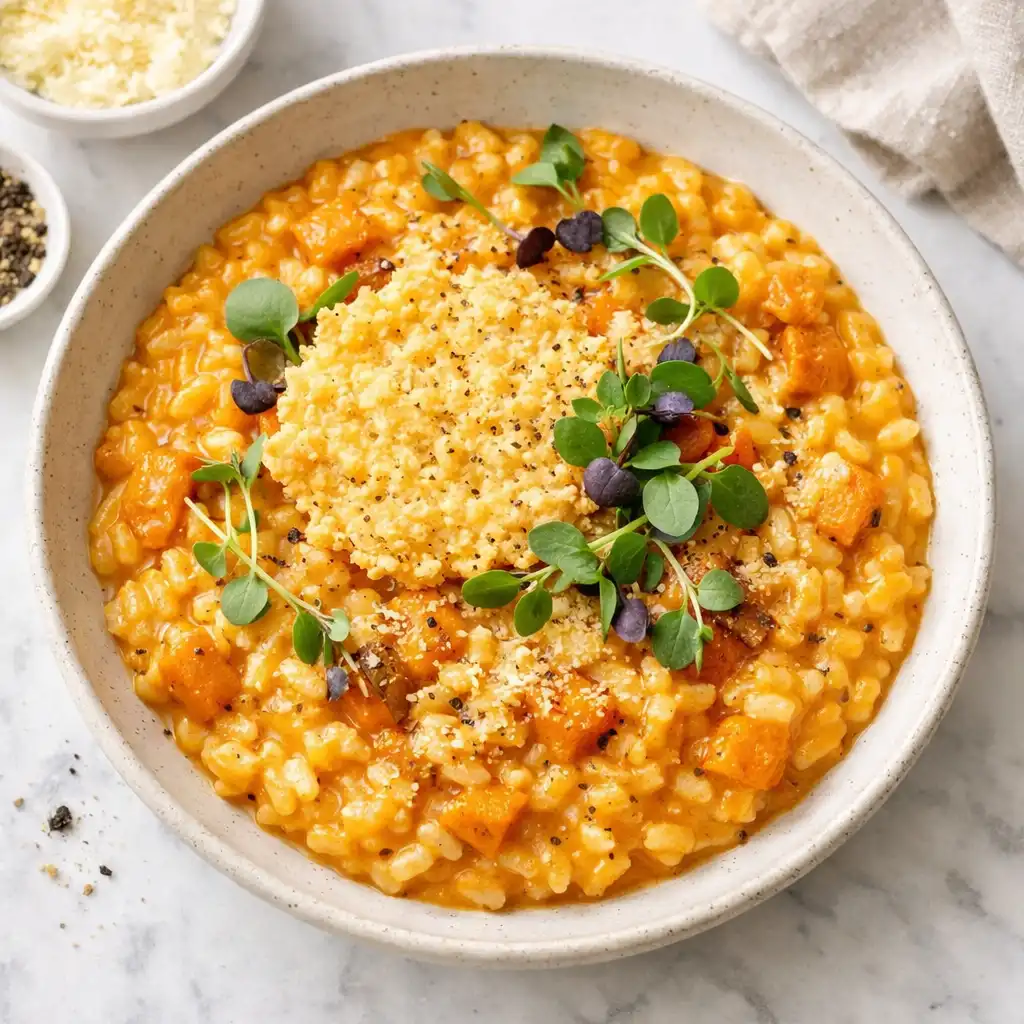 Roasted pumpkin risotto with parmesan crisp in a shallow bowl