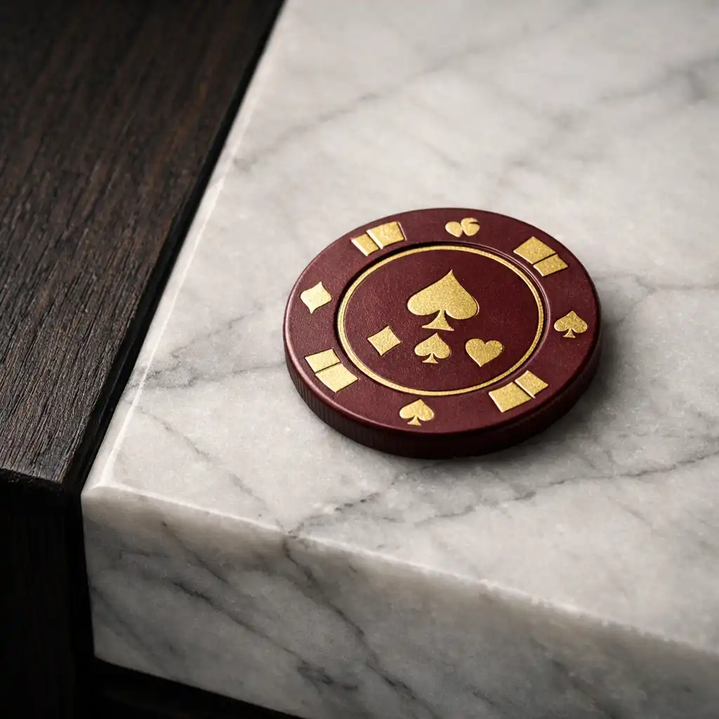 Close-up of a wine-red poker chip resting on a marble surface with timber edge