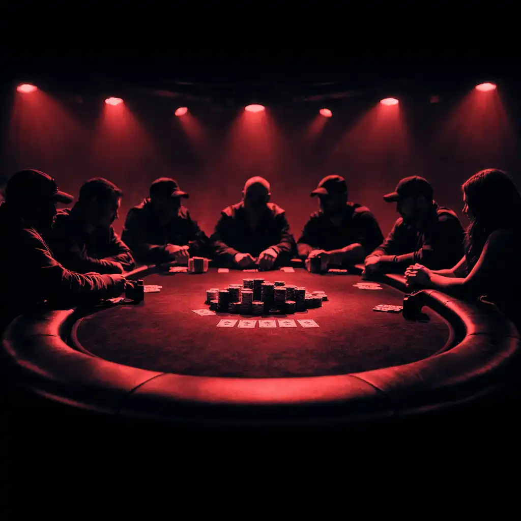 Wide-angle view of a final table with nine players seated around a poker table under dramatic lighting