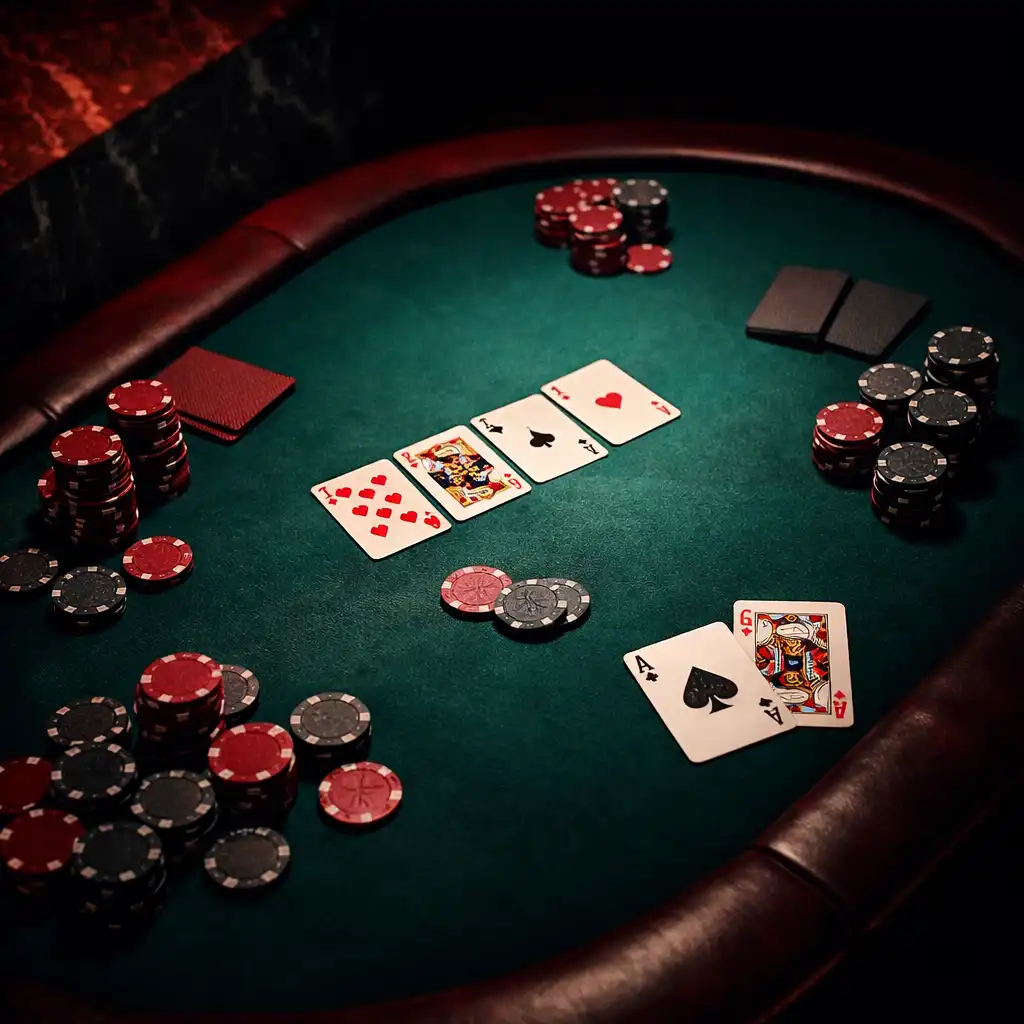 Overhead view of a Texas Hold'em poker table with chips and cards in a dark card room