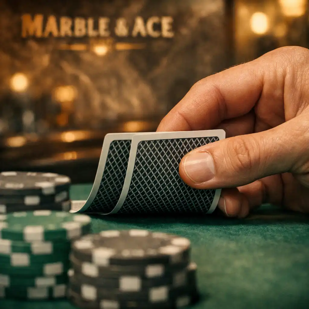 Close-up of a player's hands holding two hole cards with poker chips in the foreground